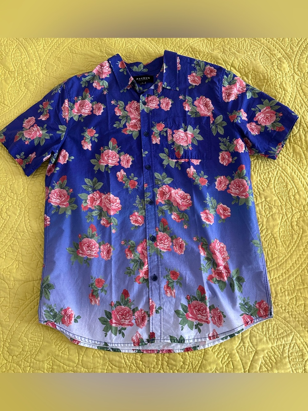 PacSun Blue Floral Short-Sleeve Button-Down Shirt with Pink Roses